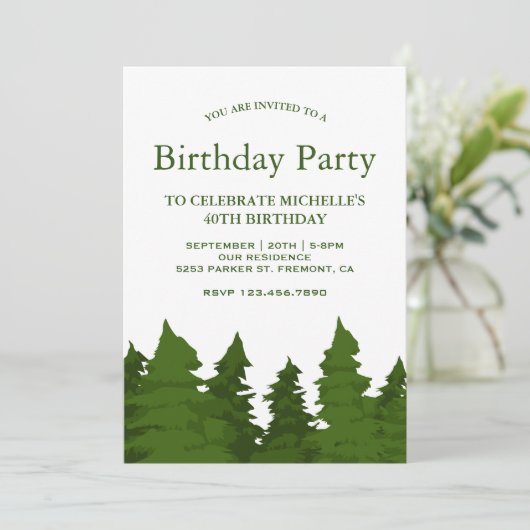 緑豊かな松の木の森の誕生日パーティー 招待状 (スタンド正面)