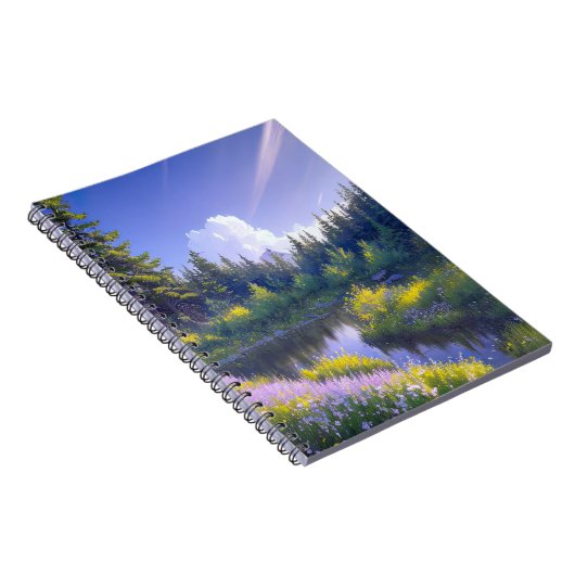 緑豊かな松の森の中の川 ノートブック (右側)