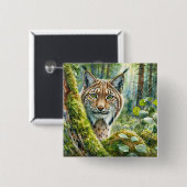 緑豊かな森の中のオオヤマネコ水彩ボタン 缶バッジ (正面&裏面)