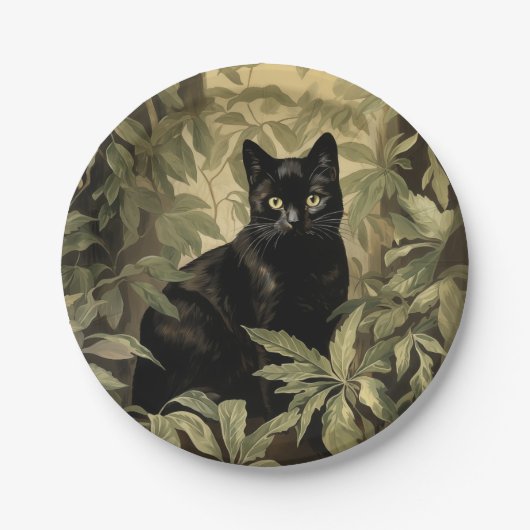 緑豊かな森の中の黒猫 ペーパープレート (正面)