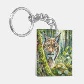 緑豊かな森の水彩色のオオヤマネコ キーホルダー (正面左)