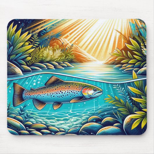 緑豊かな森の澄ん下のクリスタル川のマス マウスパッド (正面)