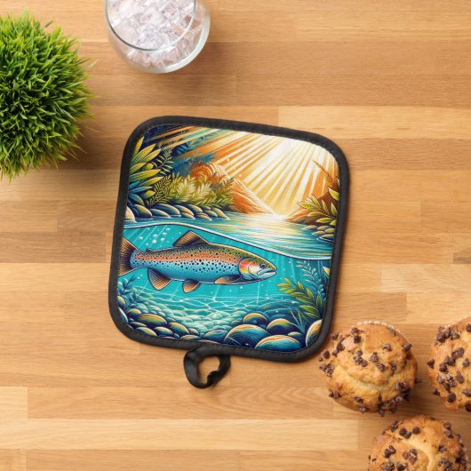 緑豊かな森の澄ん下のクリスタル川のマス 鍋敷き (トップダウン)