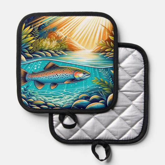 緑豊かな森の澄ん下のクリスタル川のマス 鍋敷き (正面/裏面)