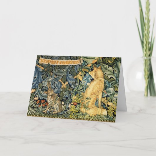 緑豊かな森林と動物たち、キツネとウサギ、グリーンフローラル シーズンカード (正面)