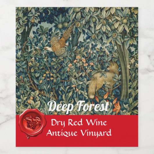 緑豊かな森林と動物たち クジャク, キツネ, 緑の花 ワインラベル (シングルラベル)