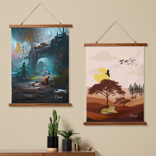 緑豊かな森林景観とサバンナ自然の夕日 吊り下げ型タペストリー (非対称)