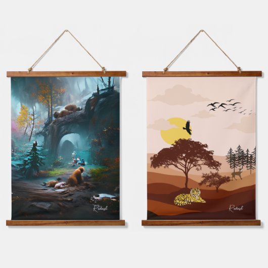 緑豊かな森林景観とサバンナ自然の夕日 吊り下げ型タペストリー (ダブル)
