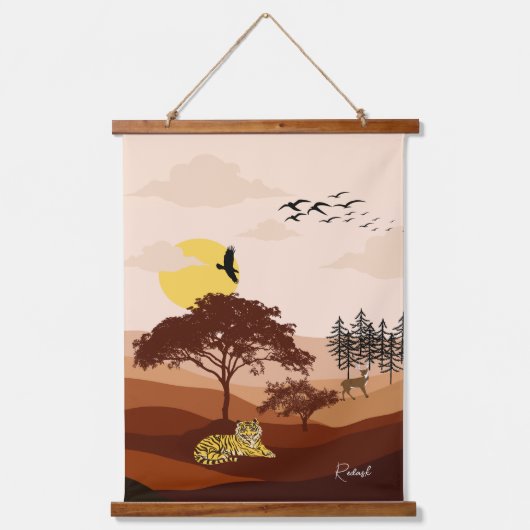 緑豊かな森林景観とサバンナ自然の夕日 吊り下げ型タペストリー (正面2)