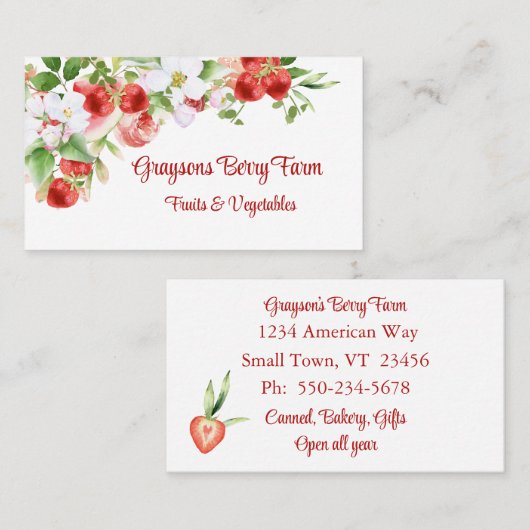 緑豊かな水の色イチゴつる植物と花 名刺 (正面/裏面)