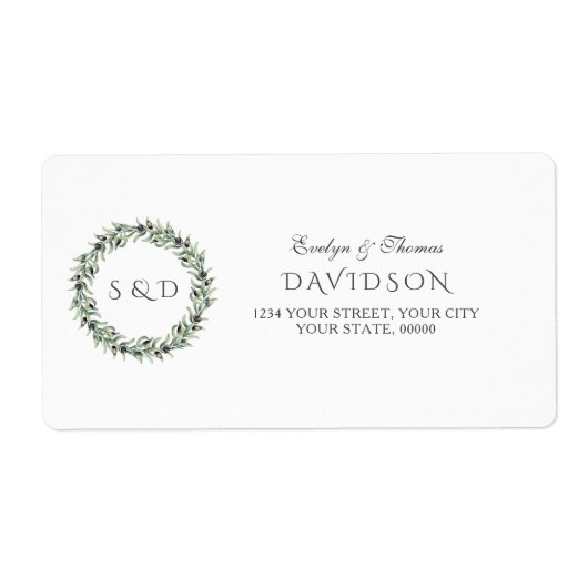 緑豊かな水の色オリーブの枝のリース結婚ズ ラベル (正面)