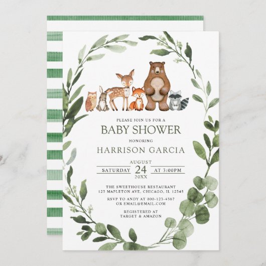 緑豊かな水彩木地動物赤ちゃんシャワー 招待状 (正面/裏面)
