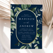 緑豊かな海軍と金ゴールドオーバル結婚ズ 箔招待状