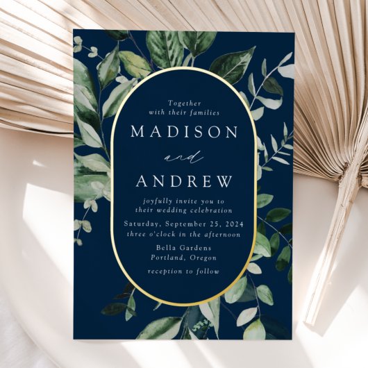 緑豊かな海軍と金ゴールドオーバル結婚ズ 箔招待状