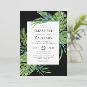 緑豊かな熱帯の葉のフレームブラック結婚ズ 招待状 (スタンド正面)