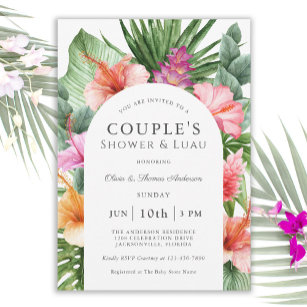 緑豊かな熱帯フローラカップルのシャワーとルアウ（ハワイ式宴会） 招待状