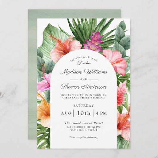 緑豊かな熱帯フローラ水結婚色 招待状 (正面/裏面)