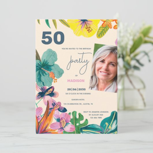 緑豊かな熱帯ルアウ（ハワイ式宴会）フローラサマーバースデーパーティー 招待状 (スタンド正面)