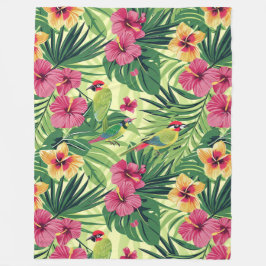 緑豊かな熱帯夏の花模様 フリースブランケット