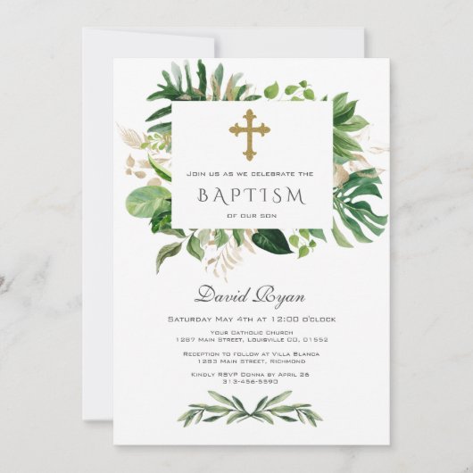 緑豊かな熱帯紅葉金ゴールドクロスボーイバプテスマ 招待状 (正面)