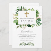 緑豊かな熱帯紅葉金ゴールドクロスボーイバプテスマ 招待状 (正面/裏面)