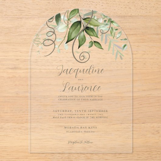 緑豊かな熱帯結婚緑のアーチ アクリル招待状 (正面)