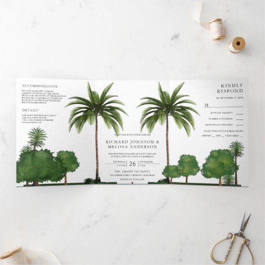 緑豊かな熱帯風景ヤシ結婚の木 三つ折り招待状 (内部)