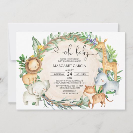 緑豊かな王ベビージャングルサファリ動物のベビーシャワー 招待状 (正面)