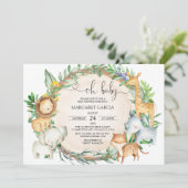 緑豊かな王ベビージャングルサファリ動物のベビーシャワー 招待状 (スタンド正面)