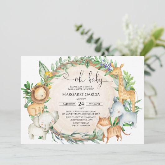 緑豊かな王ベビージャングルサファリ動物のベビーシャワー 招待状 (スタンド正面)