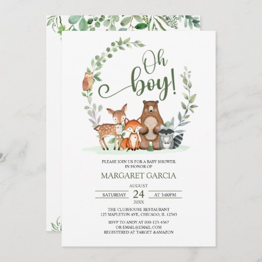 緑豊かな王、木の国の動物の赤ちゃんシャワー 招待状 (正面/裏面)