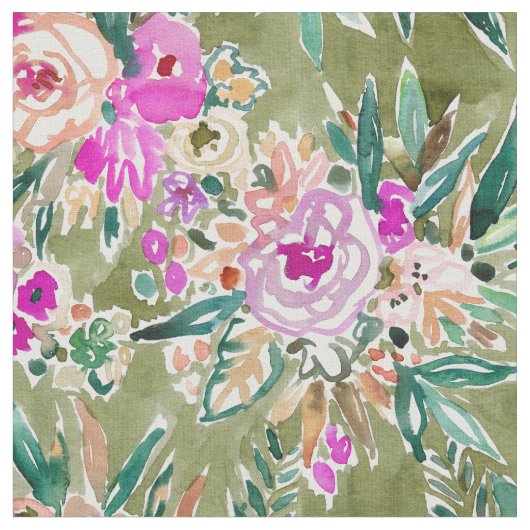 緑豊かな生命熱帯花の水彩画 ファブリック (クローズアップ)