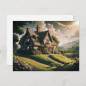 緑豊かな田舎に牧歌的な草葺きコテージ ポストカード (正面/裏面)