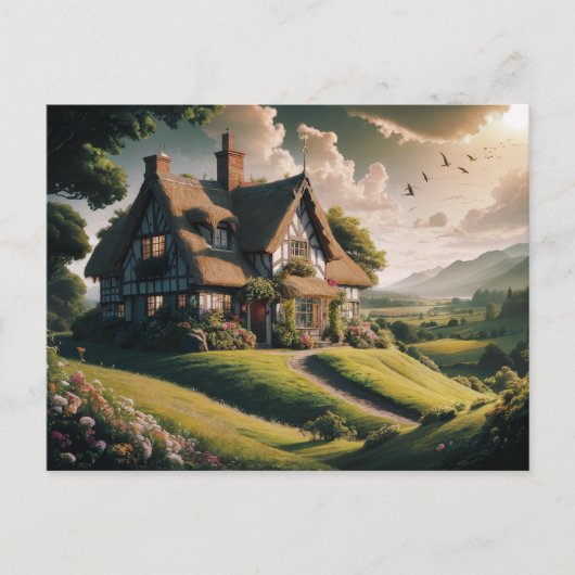 緑豊かな田舎に牧歌的な草葺きコテージ ポストカード (正面)