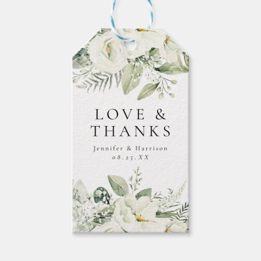 緑豊かな白い花と緑の結婚式の引き出物 ギフトタグ (正面)