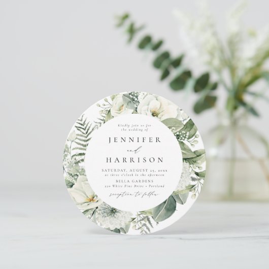 緑豊かな白い花と緑の結婚輪 招待状 (スタンド正面)