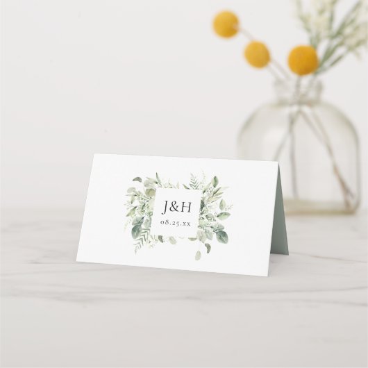 緑豊かな白い花と緑結婚の香り プレイスカード (裏面)