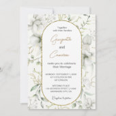 緑豊かな白い花と金ゴールド葉 招待状 (正面)