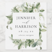 緑豊かな白い花パーソナライズされたと結婚緑 ワインラベル (シングルラベル)