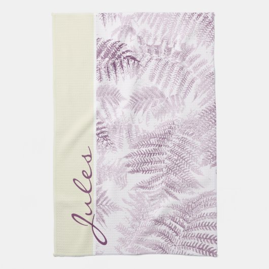 緑豊かな穏やかなピンクのシダが黄色 キッチンタオル (縦)