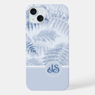 緑豊かな穏やかなブルーファズモノグラムイニシャル iPhone 15 PLUSケース