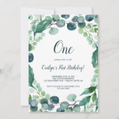 緑豊かな緑とユーカリ初誕生日 招待状 (正面)