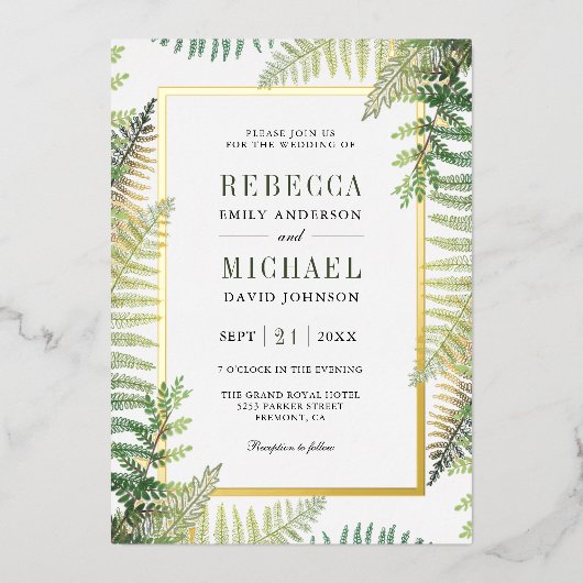 緑豊かな緑のシダの写真すべて結婚の1つの金ゴールド 箔招待状 (正面)