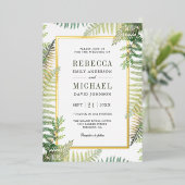緑豊かな緑のシダの写真すべて結婚の1つの金ゴールド 箔招待状 (立ち正面)