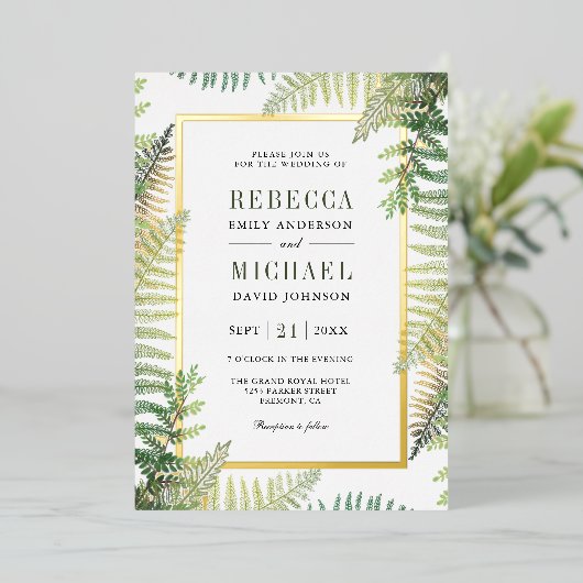 緑豊かな緑のシダの写真すべて結婚の1つの金ゴールド 箔招待状 (立ち正面)