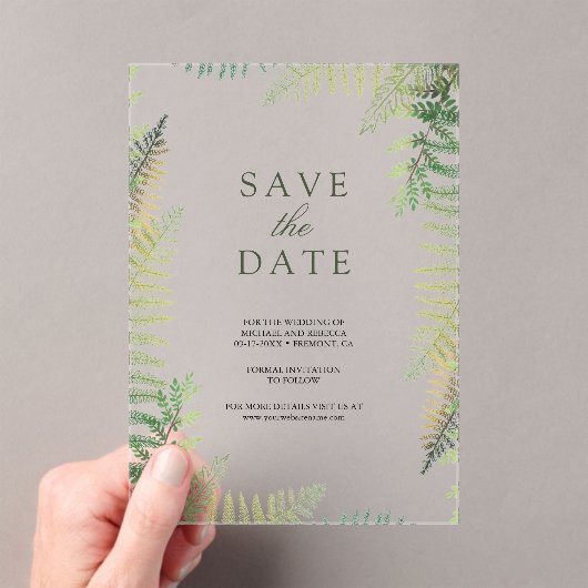 緑豊かな緑のシダの結婚式の日付を保存 アクリル招待状 (インサイチュ (ポータブル))