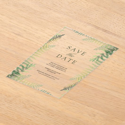 緑豊かな緑のシダの結婚式の日付を保存 アクリル招待状 (レイダウン)