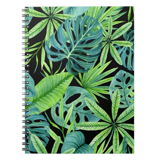 緑豊かな緑:熱帯植物パターン ノートブック (正面)
