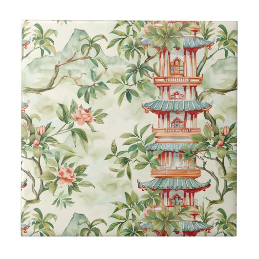 緑豊かな自然に囲まれたアジアの水彩塔(1) タイル (正面)