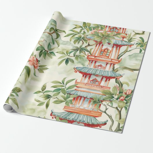 緑豊かな自然に囲まれたアジアの水彩塔(1) ラッピングペーパー (アンロールド)